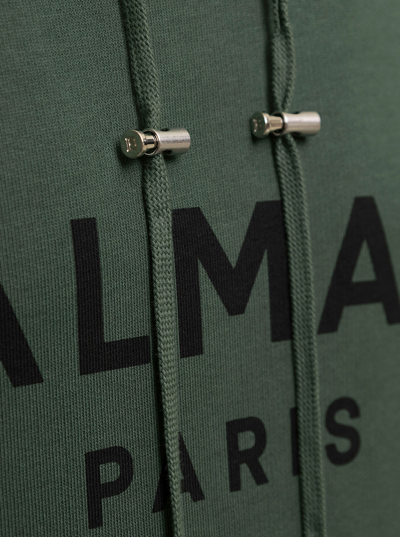 Shop Balmain Mans Green Cotton Hoodie With Logo Print