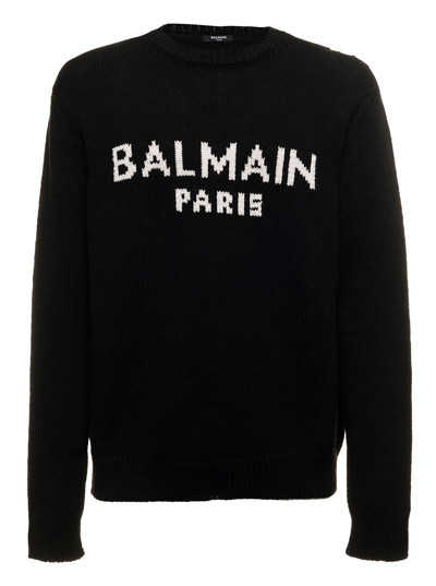 Shop Balmain Mans Black Merino Wool Crew Neck Sweater With Logo