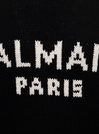 Shop Balmain Mans Black Merino Wool Crew Neck Sweater With Logo