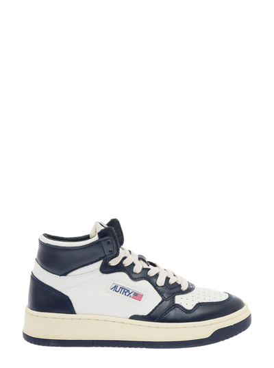 Shop Autry Mans High Top White And Blue Leather Sneakers