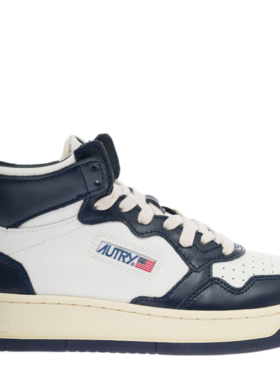 Shop Autry Mans High Top White And Blue Leather Sneakers