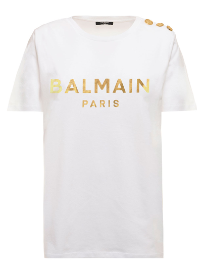Shop Balmain Womans White Cotton T-shirt With Logo Print