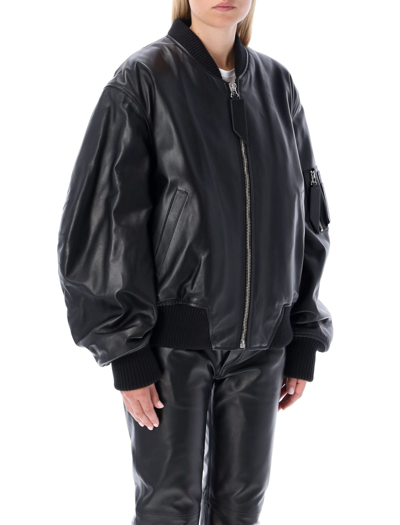 Shop Attico Anja Leather Bomber In Black