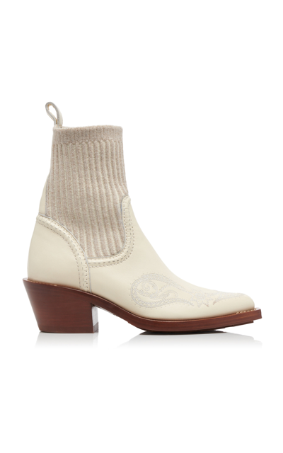 Shop Chloé Nellie Knit-trimmed Leather Western Boots In Ivory