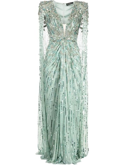 Shop Jenny Packham Sequin-embellished Cape Gown In Green