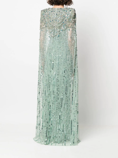 Shop Jenny Packham Lotus Lady Sequin-embellished Cape Gown In Green