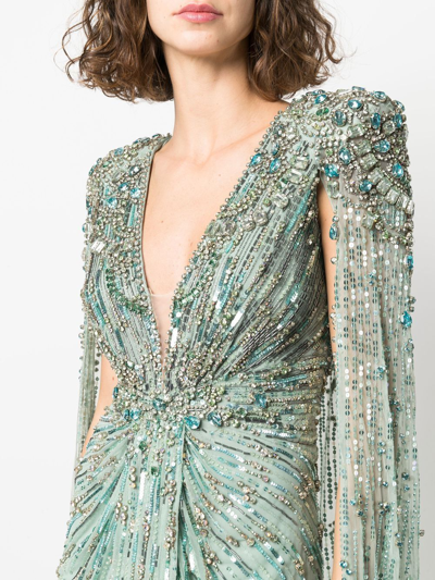 Shop Jenny Packham Sequin-embellished Cape Gown In Green