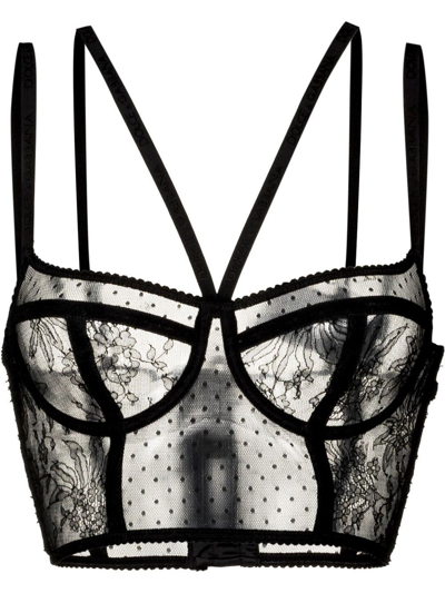 Shop Dolce & Gabbana Semi-sheer Lace-panel Bra In Black