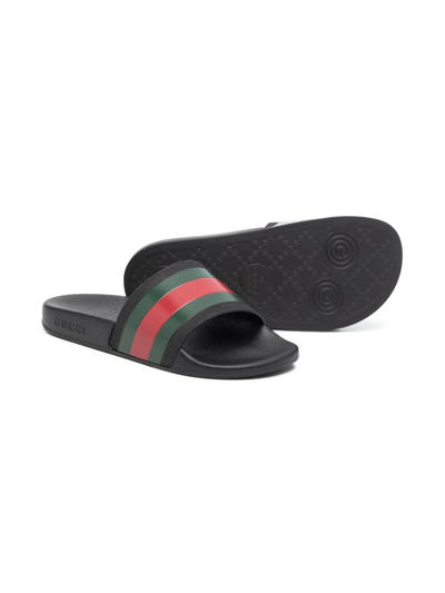 Gucci Black Webbing Stripe Printed Slides In Black