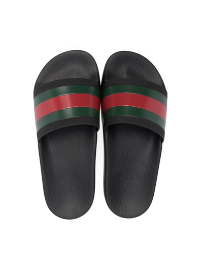 Gucci Black Webbing Stripe Printed Slides In Black
