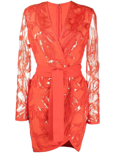 Shop Elie Saab Sheer Sleeves Sequinned Mini Dress In Orange