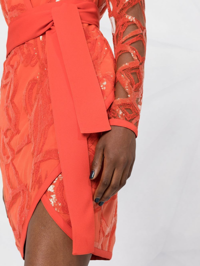 Shop Elie Saab Sheer Sleeves Sequinned Mini Dress In Orange