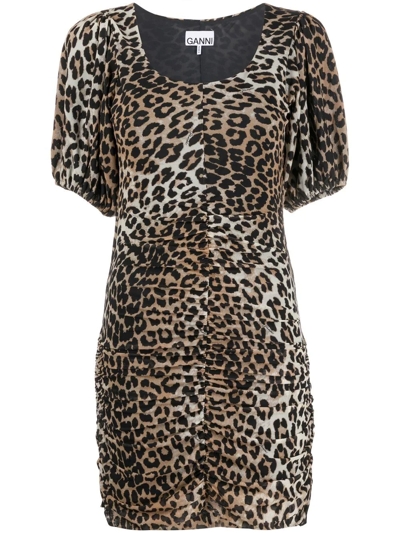 Shop Ganni Leopard-print Ruched Mini Dress In Brown