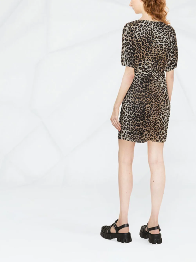 Shop Ganni Leopard-print Ruched Mini Dress In Brown