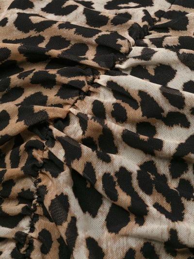 Ganni Bow-detailed Ruched Leopard-print Cotton-poplin Mini Dress In Brown