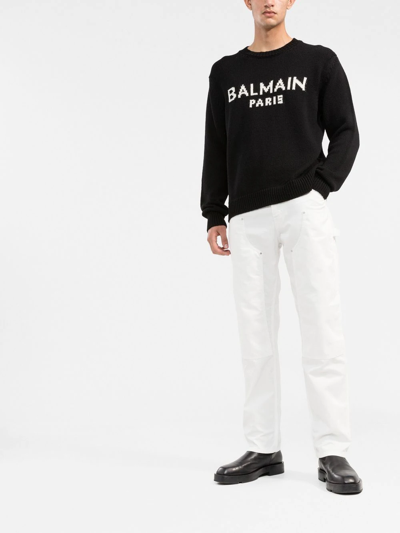 Shop Balmain Logo Intarsia Crew Neck Jumper In Black