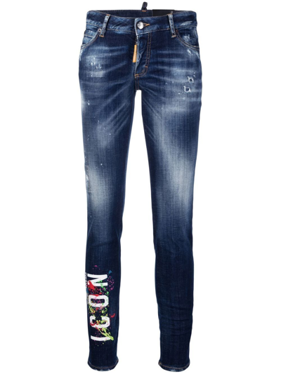 Shop Dsquared2 Icon Paint-splatter Skinny Jeans In Blue
