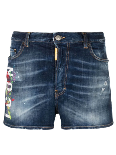 Shop Dsquared2 Icon Paint-splatter Denim Shorts In Blue