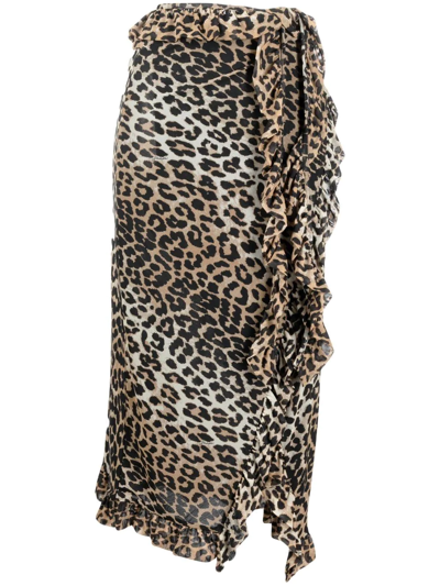 Shop Ganni Ruffled Leopard-print Midi Skirt In Brown