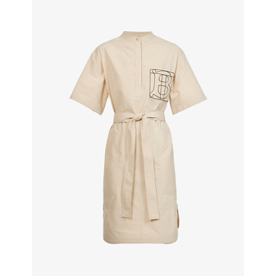 Shop Burberry Abbie Logo-embroidered Cotton Mini Dress In Almond Beige