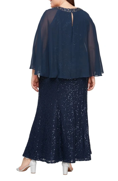 Shop Alex Evenings Sequin Cape Long Sleeve Fit & Flare Gown In Navy