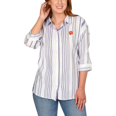 Shop Ug Apparel White Clemson Tigers Missy Striped Button-up 3/4-sleeve Shirt