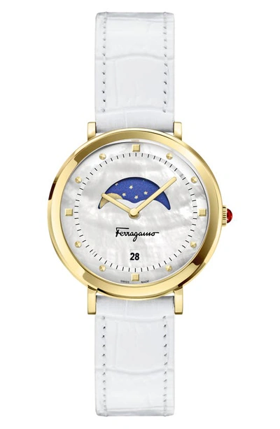 Shop Ferragamo Logomania Moon Phase Croc Embossed Leather Strap Watch, 36mm In Ip Yellow Gold