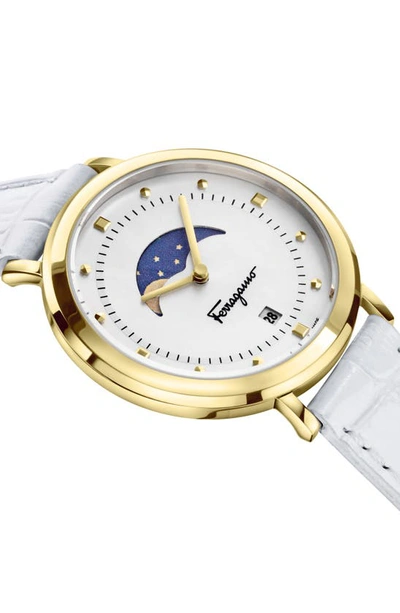 Shop Ferragamo Logomania Moon Phase Croc Embossed Leather Strap Watch, 36mm In Ip Yellow Gold
