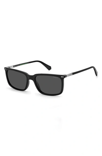 Shop Polaroid 55mm Polarized Rectangular Sunglasses In Black / Gray Pz