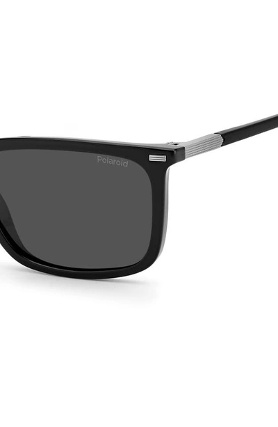 Shop Polaroid 55mm Polarized Rectangular Sunglasses In Black / Gray Pz