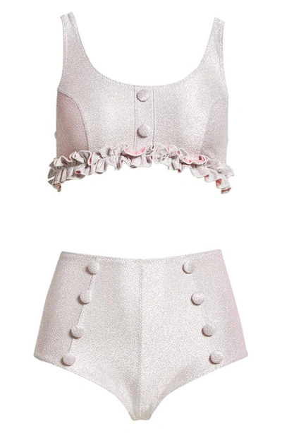 Shop Lisa Marie Fernandez Colby High Waist Metallic Jacquard Two-piece Swimsuit In Vintage Pink Silver Metallic