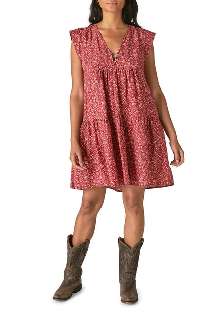 Shop Lucky Brand Floral Tiered Cotton Blend Peasant Dress In Red Multi