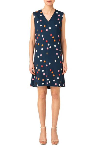 Akris Punto Polka Dot Flounce-hem Crepe Shift Dress In Denim-multi