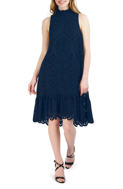 Shop Julia Jordan Sleeveless Eyelet Ruffle Hem Dress In Navy