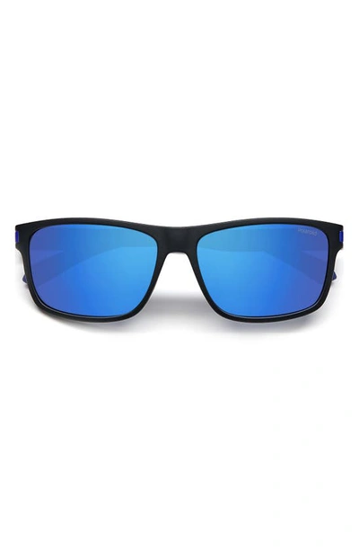 Shop Polaroid 58mm Polarized Rectangular Sunglasses In Matte Black Blue / Blue
