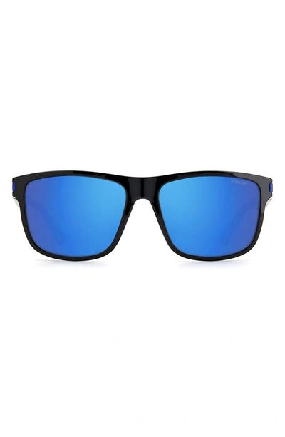 Shop Polaroid 57mm Polarized Rectangular Sunglasses In Black Blue / Blue Mirror Pz