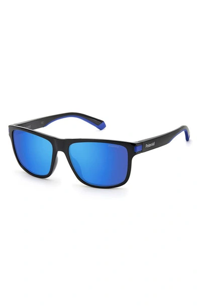 Shop Polaroid 57mm Polarized Rectangular Sunglasses In Black Blue / Blue Mirror Pz