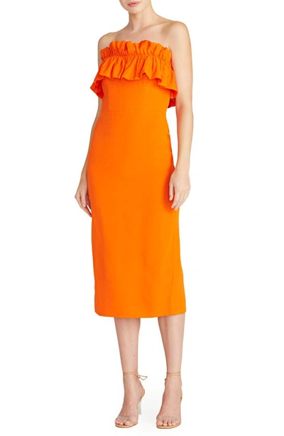 Shop ml Monique Lhuillier Strapless Faille Body-con Midi Dress In Clementine
