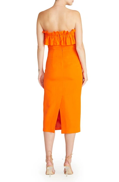 Shop ml Monique Lhuillier Strapless Faille Body-con Midi Dress In Clementine