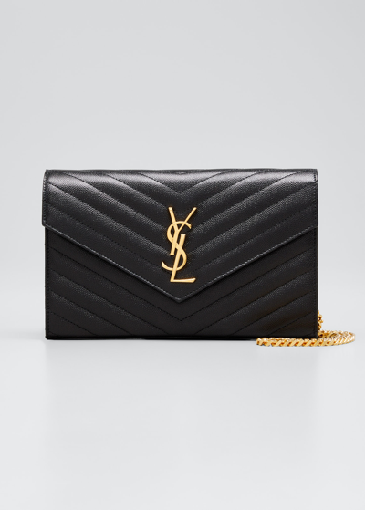 Shop Saint Laurent Ysl Monogram Large Wallet On Chain In Grained Leather In Black
