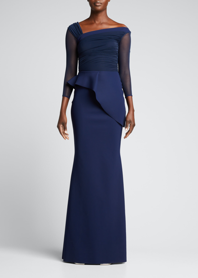 Shop Chiara Boni La Petite Robe Rippy Asymmetrical 3/4-sleeve Illusion Gown In Blu Notte
