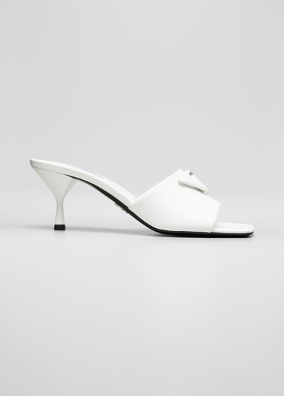 Shop Prada Logo Triangle Kitten-heel Sandals In White