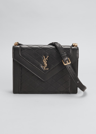 Shop Saint Laurent Gaby Mini Flap Ysl Shoulder Bag In Quilted Smooth Leather In Noir