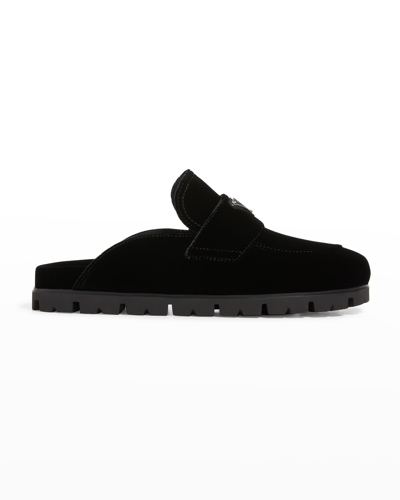 Shop Prada Velvet Logo Loafer Mules In Black