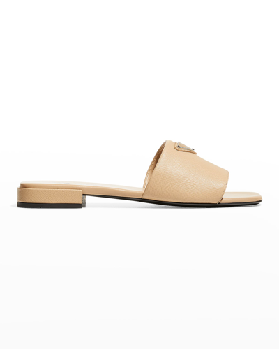 Shop Prada Calfskin Logo Flat Slide Sandals In Beige