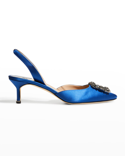 Shop Manolo Blahnik Hangisi Crystal Buckle Slingback Pumps In Blue