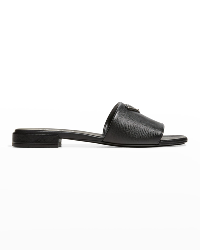 Shop Prada Calfskin Logo Flat Slide Sandals In Black