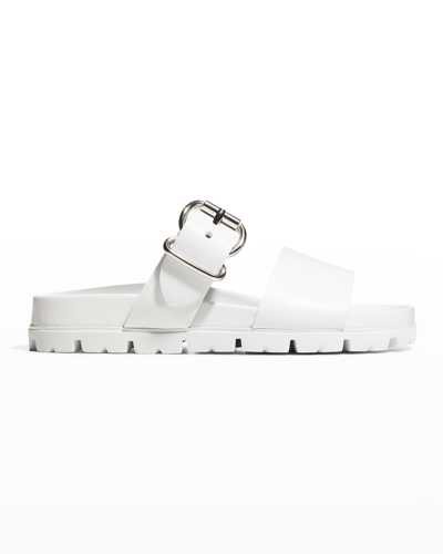 Shop Prada Fussbet 20mm Double Strap Sandals With Rubber Upper & Leather Sole In White
