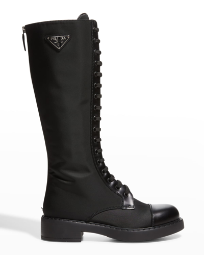 Shop Prada Nylon Tall Lace-up Combat Boots In Black