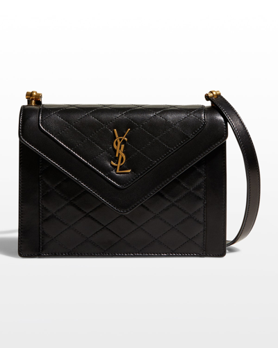 Shop Saint Laurent Gaby Mini Flap Ysl Shoulder Bag In Quilted Smooth Leather In Noir